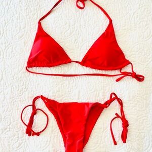 Red Triangle Bikini Set With Cover Up